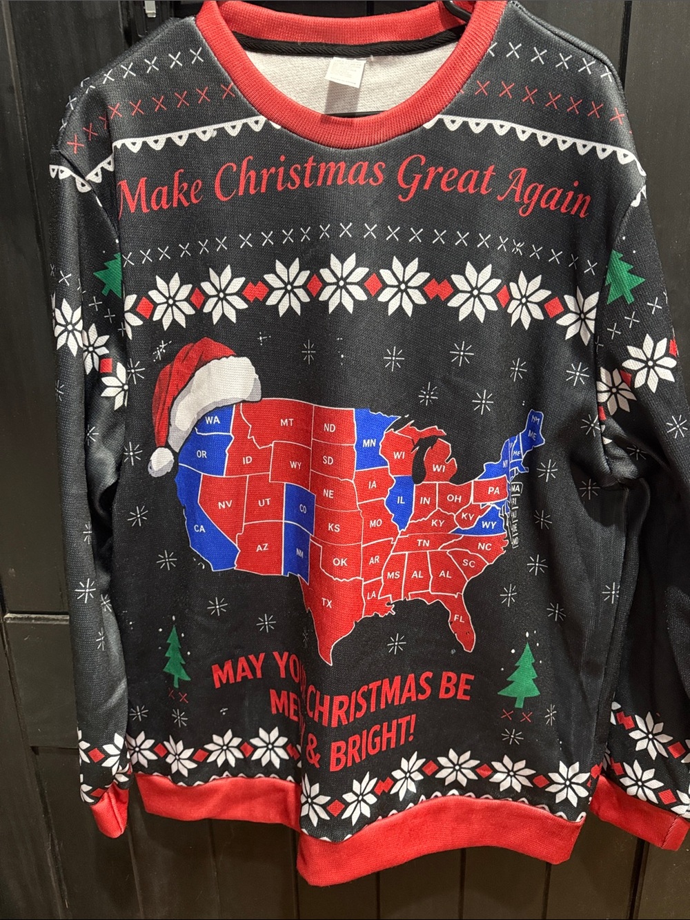 Make Christmas Great Again Crewneck Sweater - Black with Red & Blue